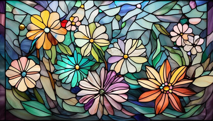 Colorful stained glass flowers as a background. 