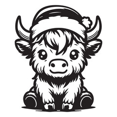 Cute black and white cartoon cow illustration wearing a Santa hat, perfect for Christmas and holiday themes. Monochrome vector illustration