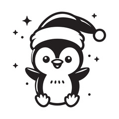 Adorable penguin wearing a Santa hat surrounded by stars in a festive black and white Christmas black and white vector illustration. Cute winter animal design. 