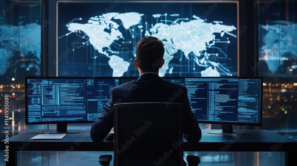 Poster professional individual working effectively on remote connectivity using multiple monitors in modern