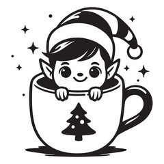Christmas elf sitting in a festive mug with a tree design, wearing a Santa hat. Cute holiday vector illustration featuring stars, whimsical details, and winter magic.