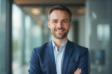 Fototapeta premium portrait of successful businessman consultant looking at camera and smiling inside modern office building