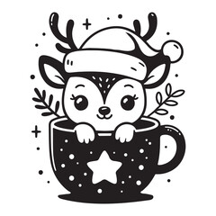 Cute reindeer peeks out of a festive black mug with a star design, wearing a Santa hat. Christmas black and white vector illustration