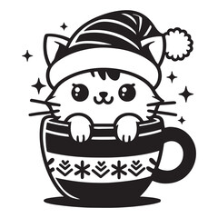 Cute kitten wearing a Santa hat sits inside a festive mug decorated with winter patterns. Christmas black and white vector illustration