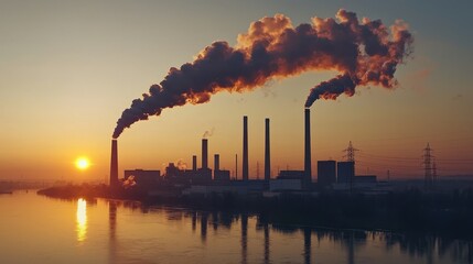 Professional Review of Carbon Neutrality Goals at Industrial Facility During Sunset Over Body of Water