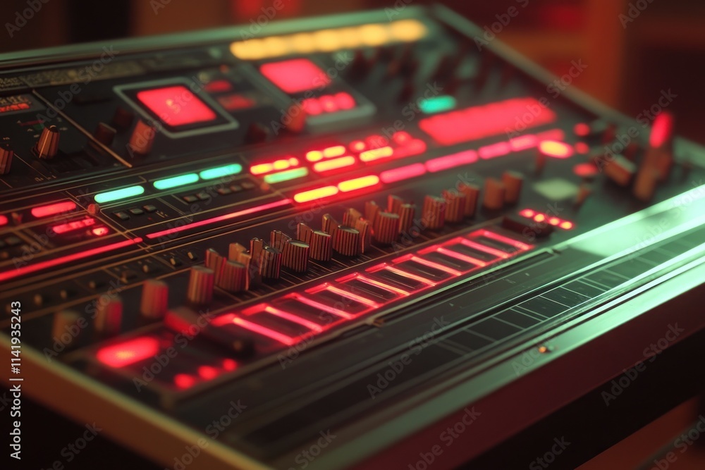 Poster red illuminated retro synthesizer with knobs and sliders.