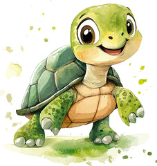 Watercolor adorable turtle character on white background vector illustration art.