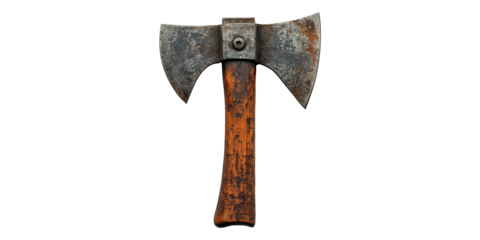 Old rusty double-headed axe isolated on transparent background