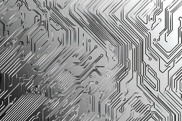 Close-up of a reflective metallic circuit board showcasing intricate patterns and electronic connections, symbolizing technology, innovation, and futuristic design.