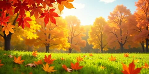 Autumnal Park Landscape Vibrant Red and Gold Leaves Adorn Lush Green Grass Under a Sunny Sky