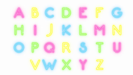 alphabet letters colorful neon lights glowing font isolated on transparent background,png uppercase symbols education and social media motion design element	