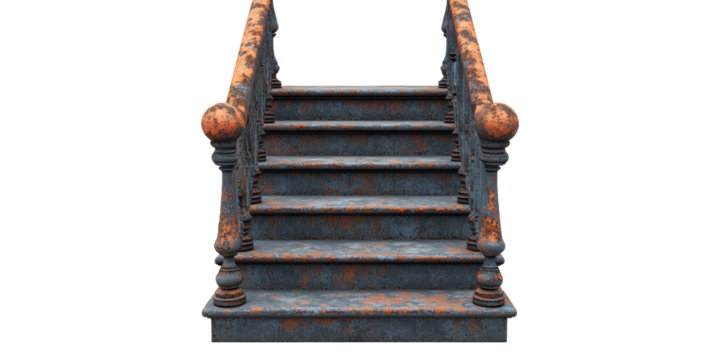 Rustic iron staircase with weathered finish isolated on transparent background