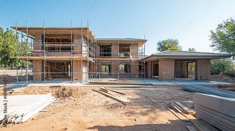 Poster house under construction with brickwork and scaffolding.