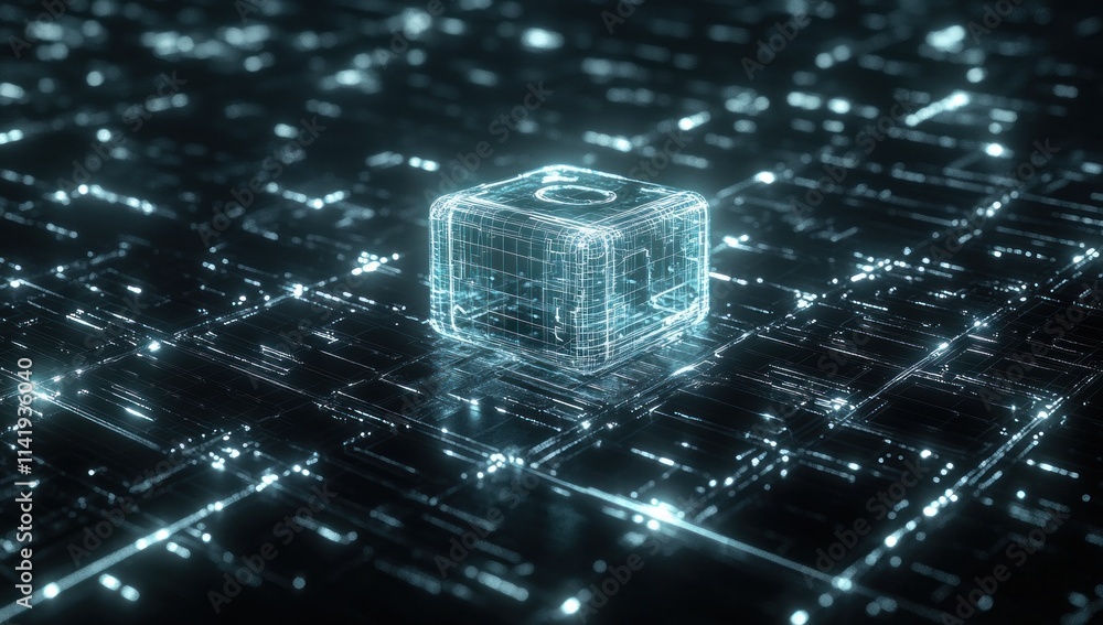 Poster Glowing cube grid on circuit.
