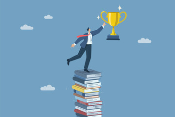 Learning and education lead to great success, Creating business or career opportunities, Concept of development to success, Businessman is about to grab a trophy, Flat vector design illustration.