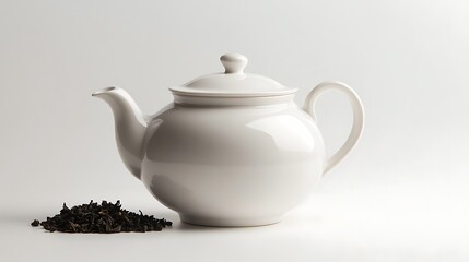 White ceramic teapot with loose tea on white surface 
