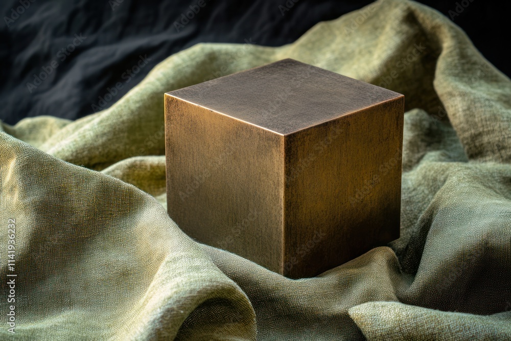 Poster metallic brown cube rests on textured fabric.