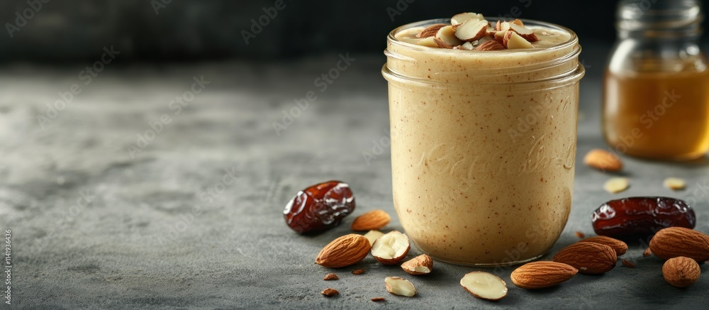 Aufkleber creamy smoothie in glass jar with almonds and dates on dark surface.