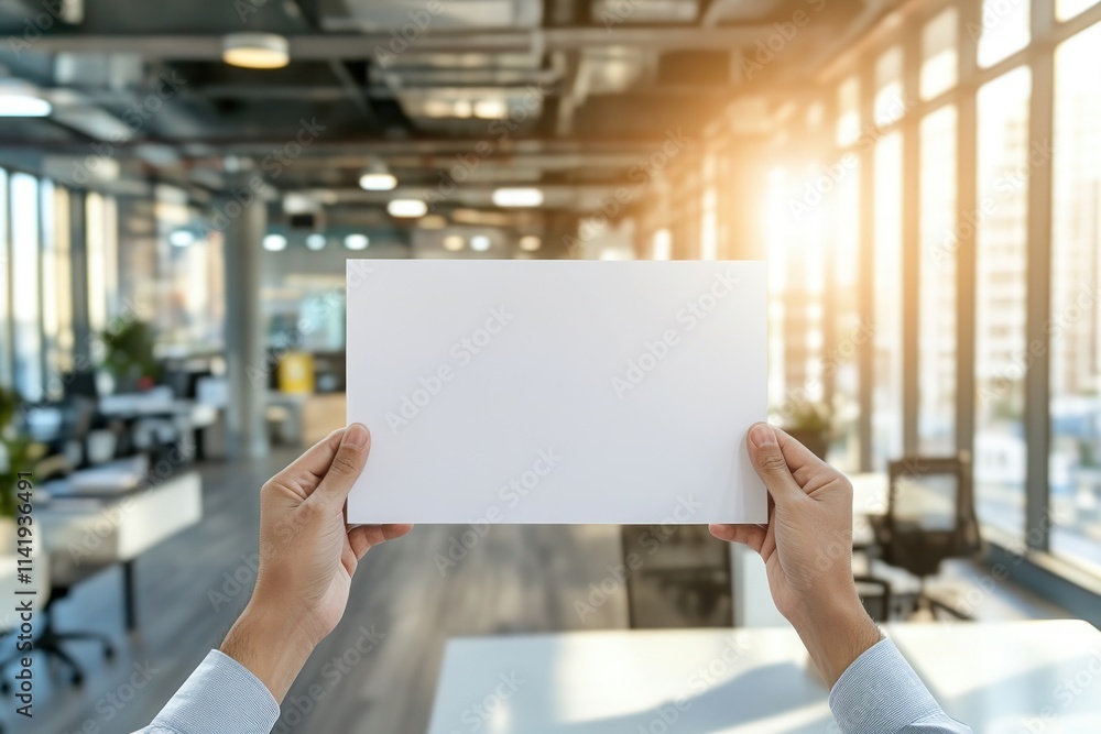 Aufkleber person holds blank paper in office with sunlit window view.
