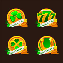 St Patrick day green-golden icons for your game, slot, greeting card, sticker or print. Four icons- clover, shamrock, luck number 777 and horseshoe with ribbon Good Luck