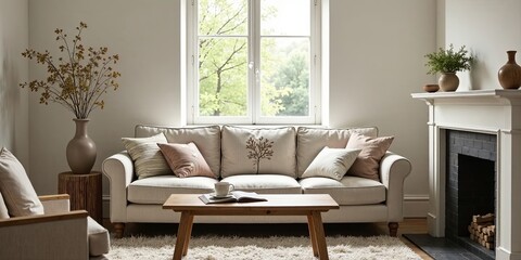 Serene Living Room with Natural Decor and Comfortable Sofa