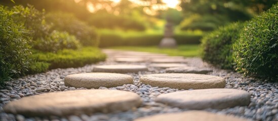 Stone path leads through garden.