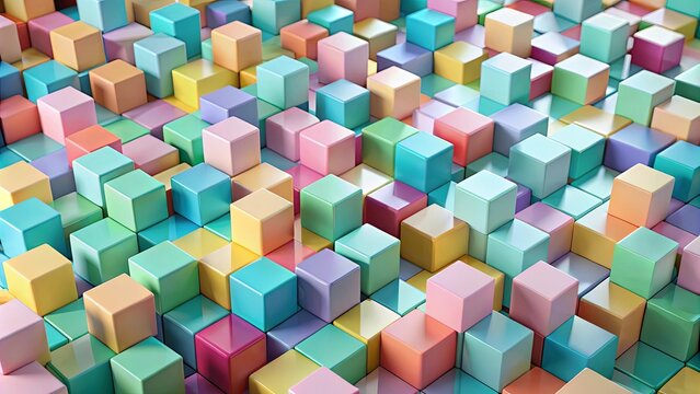 Abstract pastel cube arrangement, a vibrant three-dimensional composition of colorful blocks in a dynamic pattern.