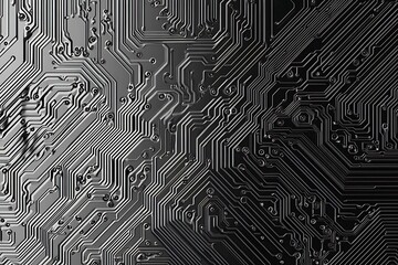 Close-up of a reflective metallic circuit board showcasing intricate patterns and electronic connections, symbolizing technology, innovation, and futuristic design.
