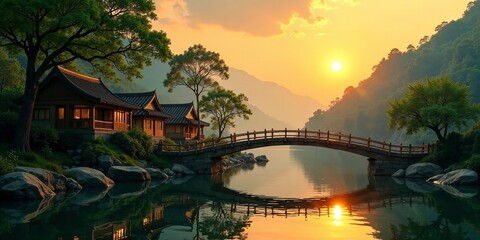 Obraz premium Serene Sunset Over Tranquil Water and Picturesque Wooden Bridge Adjoining Asian Style Houses