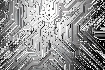 Close-up of a reflective metallic circuit board showcasing intricate patterns and electronic connections, symbolizing technology, innovation, and futuristic design.