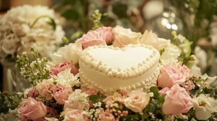 Naklejka premium Heart Shaped Cake Among Pink And White Roses