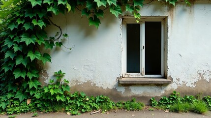 Overgrown Ivy Vines Frame a Weathered Exterior Window on a Rustic Wall