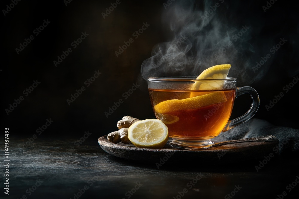 Poster steaming tea with lemon and ginger on dark background.