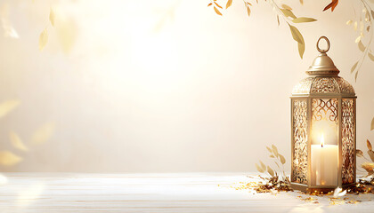 Fototapeta premium An Arabic lantern of Ramadan Kareem celebration with an illuminated background. Ai generative