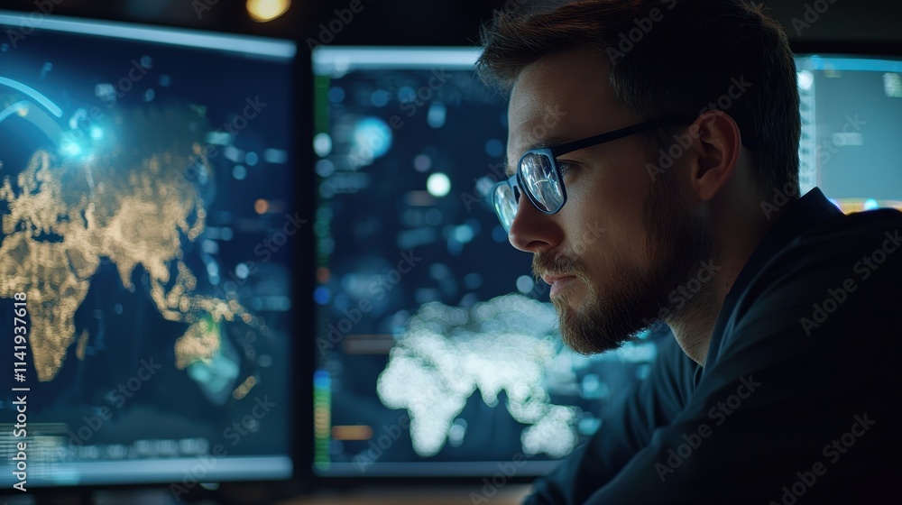 Poster professional analysis in telecommunications with satellite data on multiple screens