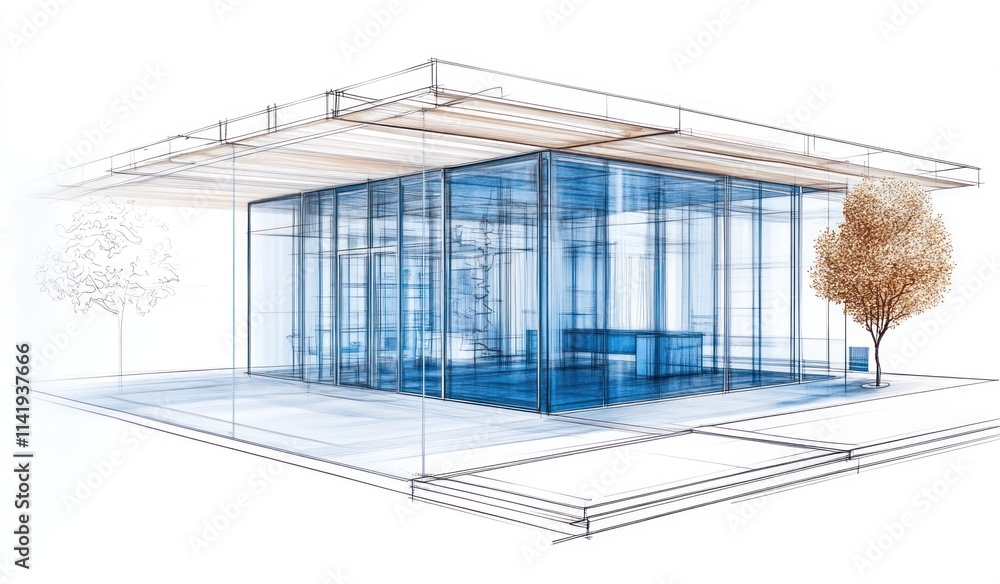 Poster glass building sketch with trees.