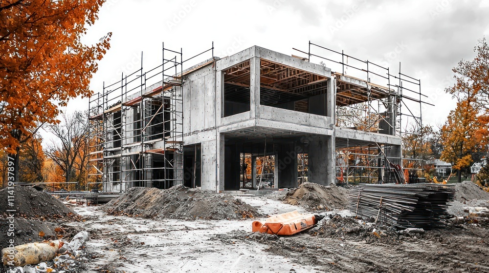 Aufkleber building under construction with scaffoldings, surrounding by colorful autumn leaves.