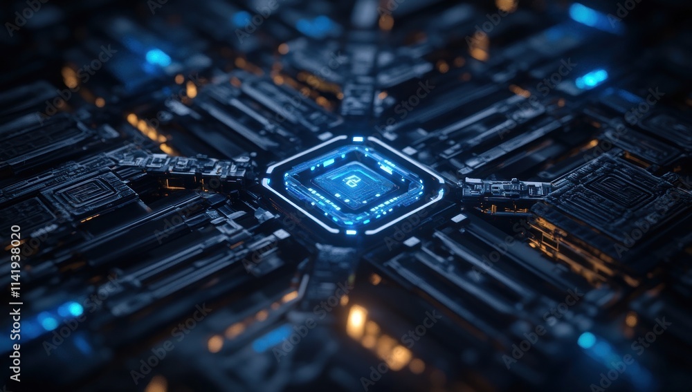 Poster Glowing CPU chip with intricate circuit board details.