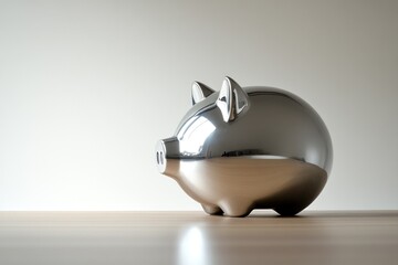 Silver piggy bank on wooden surface.