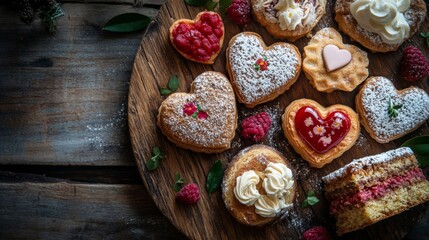 Fototapeta premium Delicious heart shaped pastries and cakes arranged on a wooden board
