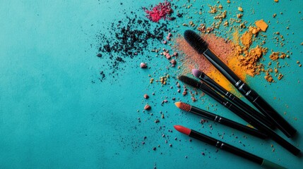 Fototapeta premium An artistic arrangement of mascara wands, eyeliner pencils, and eyeshadow pigments on a teal background