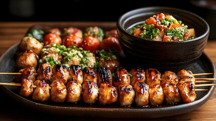 A delicious platter featuring grilled skewers of meat alongside a vibrant vegetable salad in a dark bowl, showcasing appetizing textures and colors.