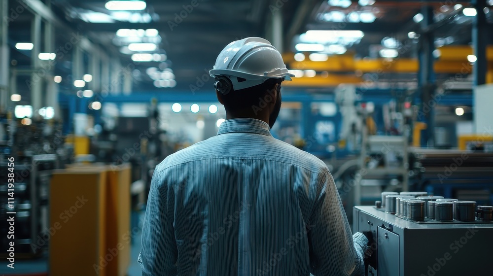 Poster operator reviewing machine learning algorithms in a modern industrial environment