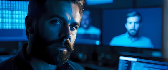 A bearded mans face halfshadowed illuminated by the cool blue light of a computer screen with a blurred hightech office space in the background
