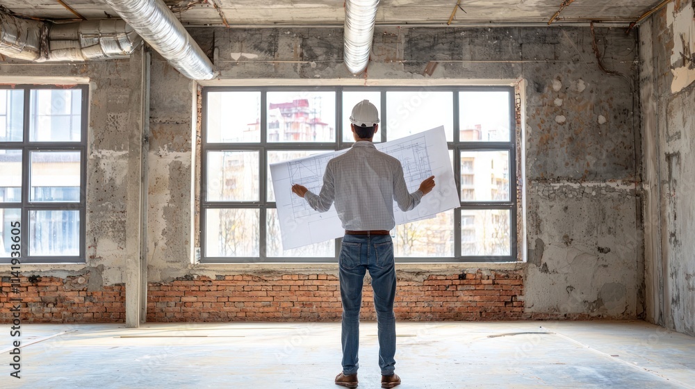 Poster architect views blueprint inside unfinished building.