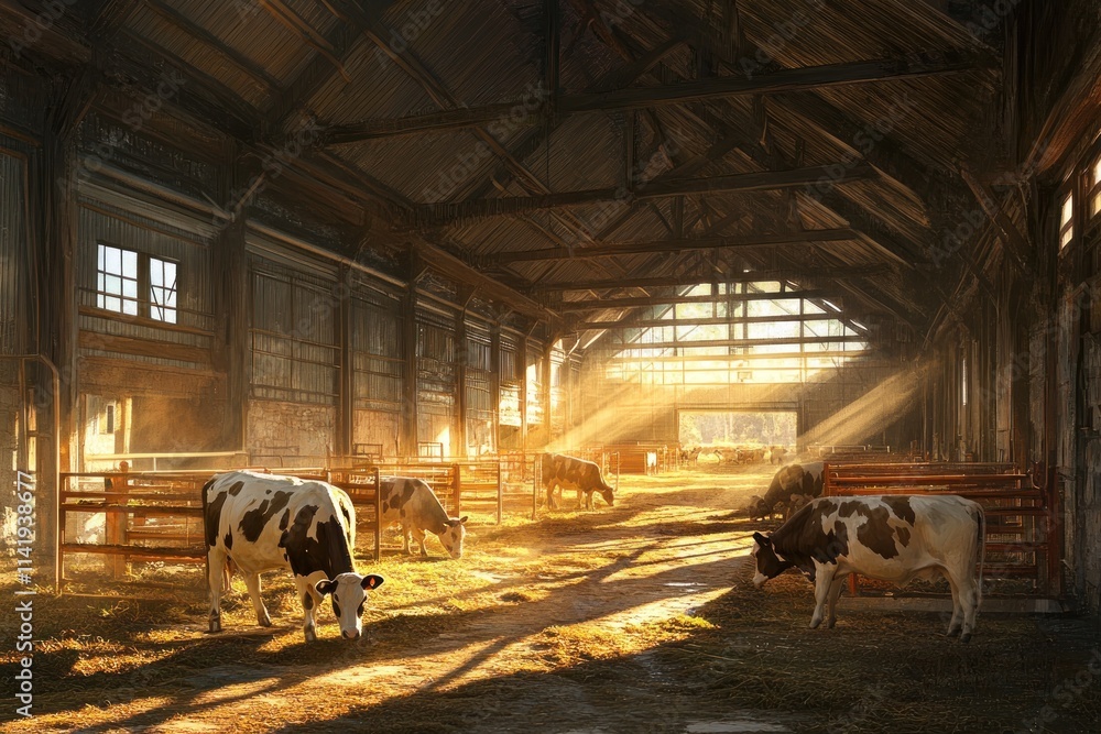 Poster cows graze in an old barn with sunlight streaming in.