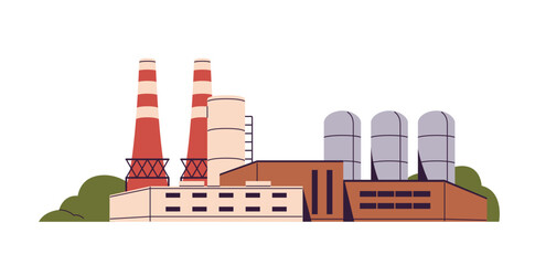 Coal fired power plant with tubes. Building of manufacturing with chimneys, tanks. Concrete manufactory, metallurgical production factory. Heavy industry. Flat isolated vector illustration on white