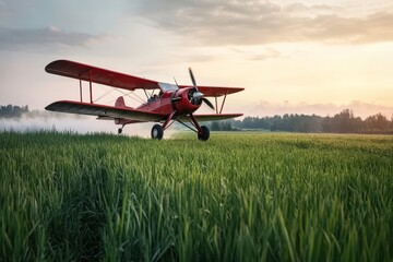 Vintage Agricultural Airplane Flying Over Lush Green Field at Sunset, Capturing the Essence of Rural Farming and Aviation in a Serene Landscape