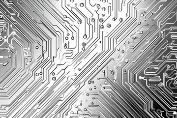 Close-up of a reflective metallic circuit board showcasing intricate patterns and electronic connections, symbolizing technology, innovation, and futuristic design.