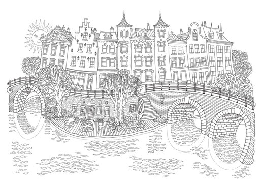 black and white city bridge scene clip art preview